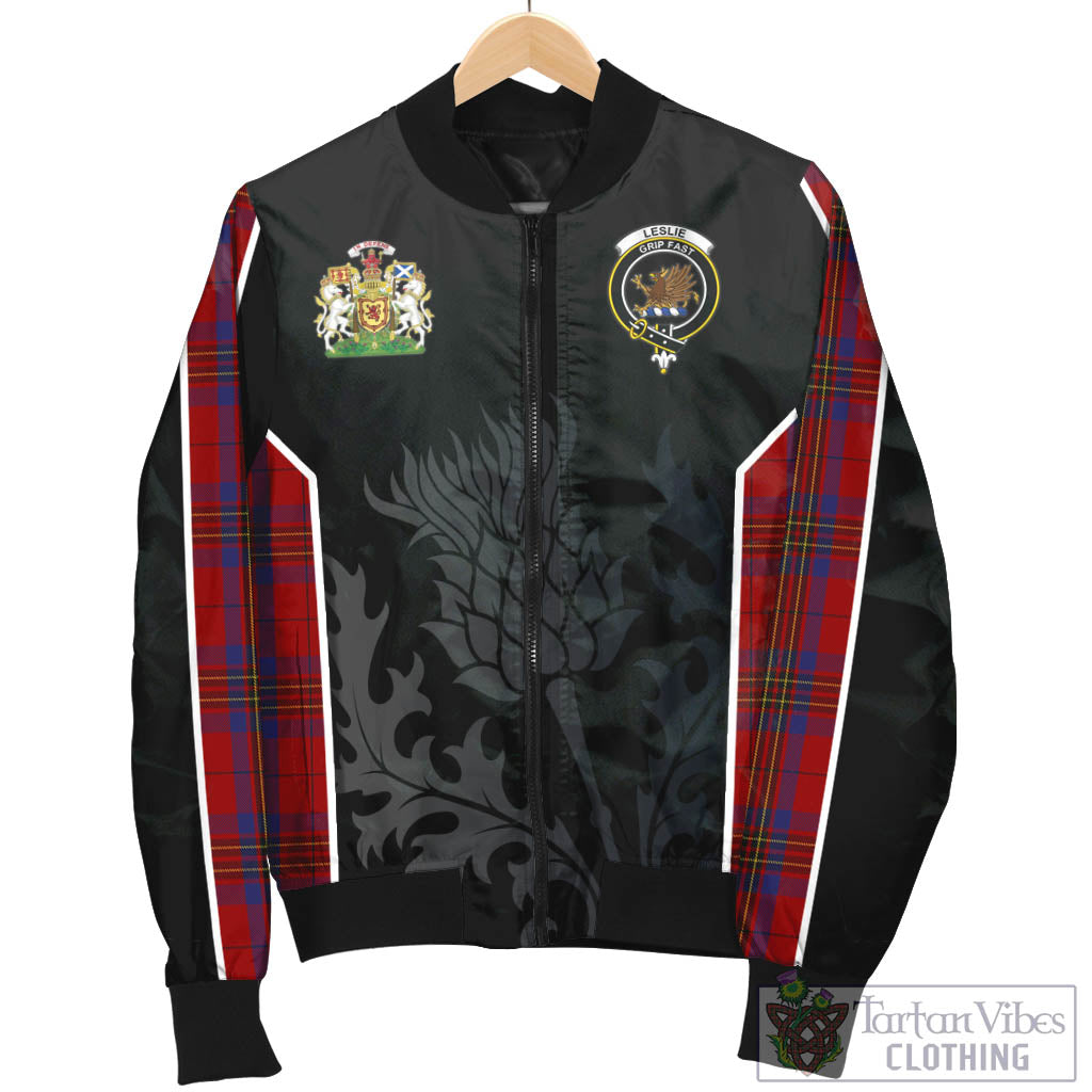 Tartan Vibes Clothing Leslie Red Tartan Bomber Jacket with Family Crest and Scottish Thistle Vibes Sport Style