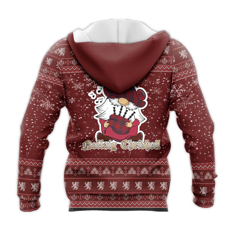 Leslie Red Clan Christmas Knitted Hoodie with Funny Gnome Playing Bagpipes - Tartanvibesclothing