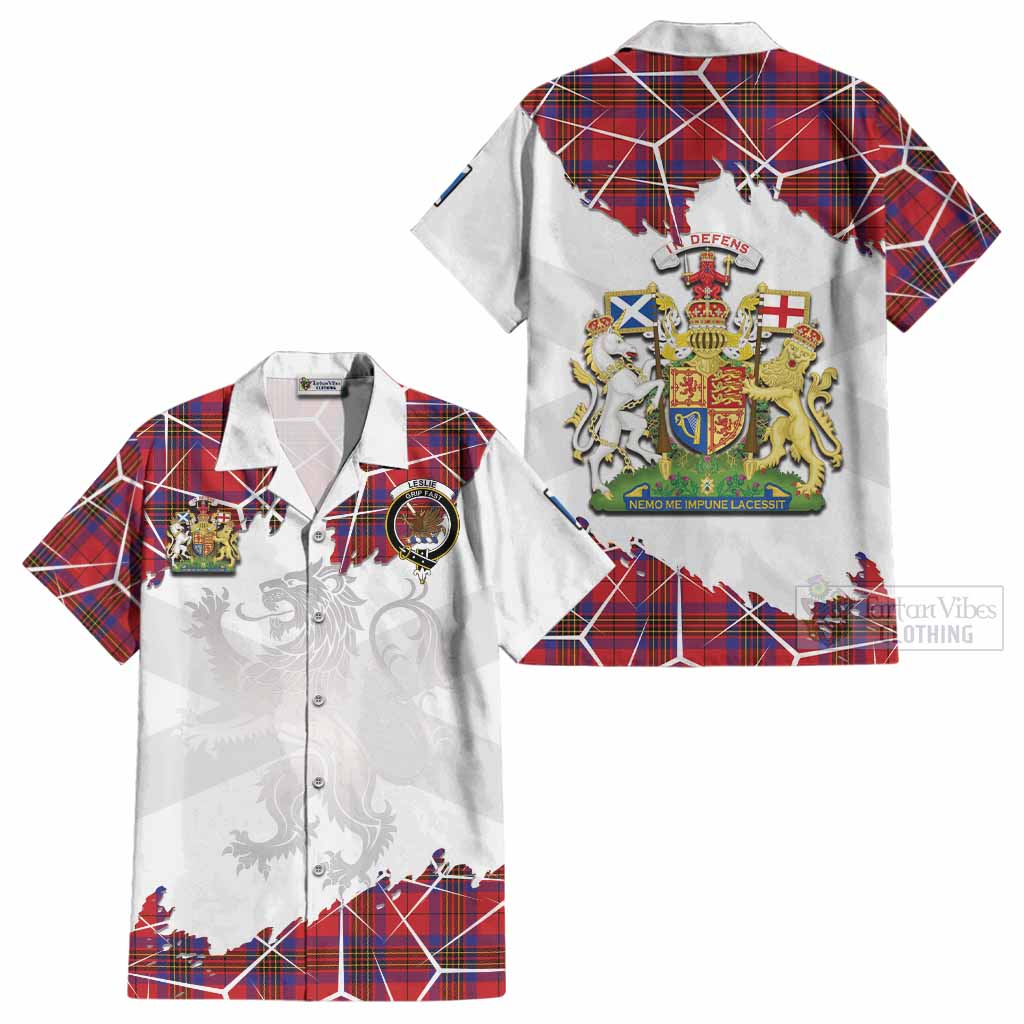 Leslie Tartan Cotton Hawaiian Shirt with Family Crest and Lion Rampant Grunge Style