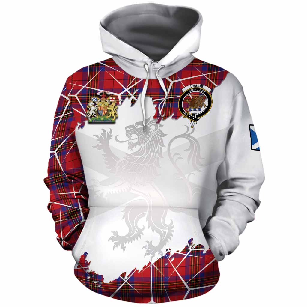 Leslie Tartan Cotton Hoodie with Family Crest and Lion Rampant Grunge Style