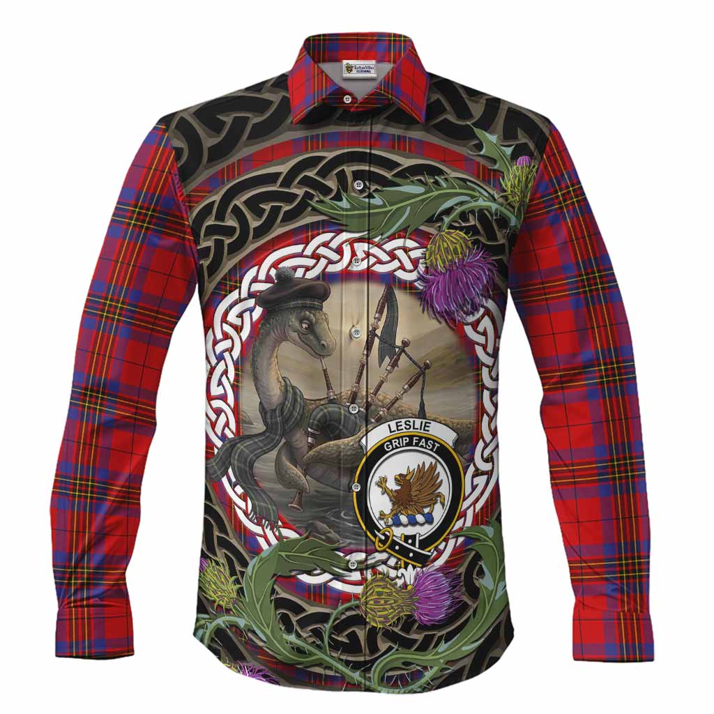 Leslie Tartan Crest Bagpipe Nessie Long Sleeve Button Shirts Scottish Loch Ness Monster Celtic Thistle