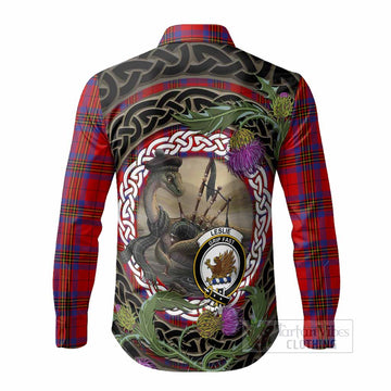 Leslie Tartan Crest Bagpipe Nessie Long Sleeve Button Shirts Scottish Loch Ness Monster Celtic Thistle