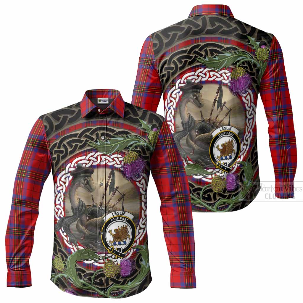 Leslie Tartan Crest Bagpipe Nessie Long Sleeve Button Shirts Scottish Loch Ness Monster Celtic Thistle