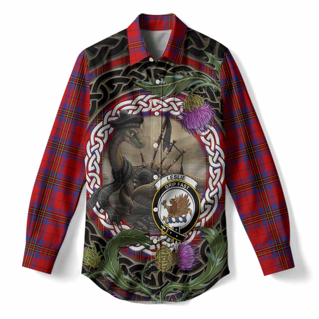 Leslie Tartan Crest Bagpipe Nessie Women Casual Shirt Scottish Loch Ness Monster Celtic Thistle
