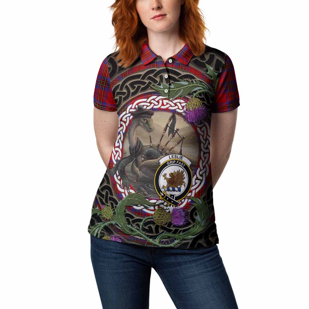 Leslie Tartan Crest Bagpipe Nessie Women Polo Shirt Scottish Loch Ness Monster Celtic Thistle