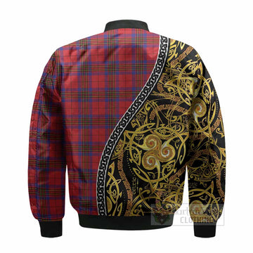 Leslie Tartan Crest Bomber Jacket Celtic Knot and Triple Trickle Spiral Symbols