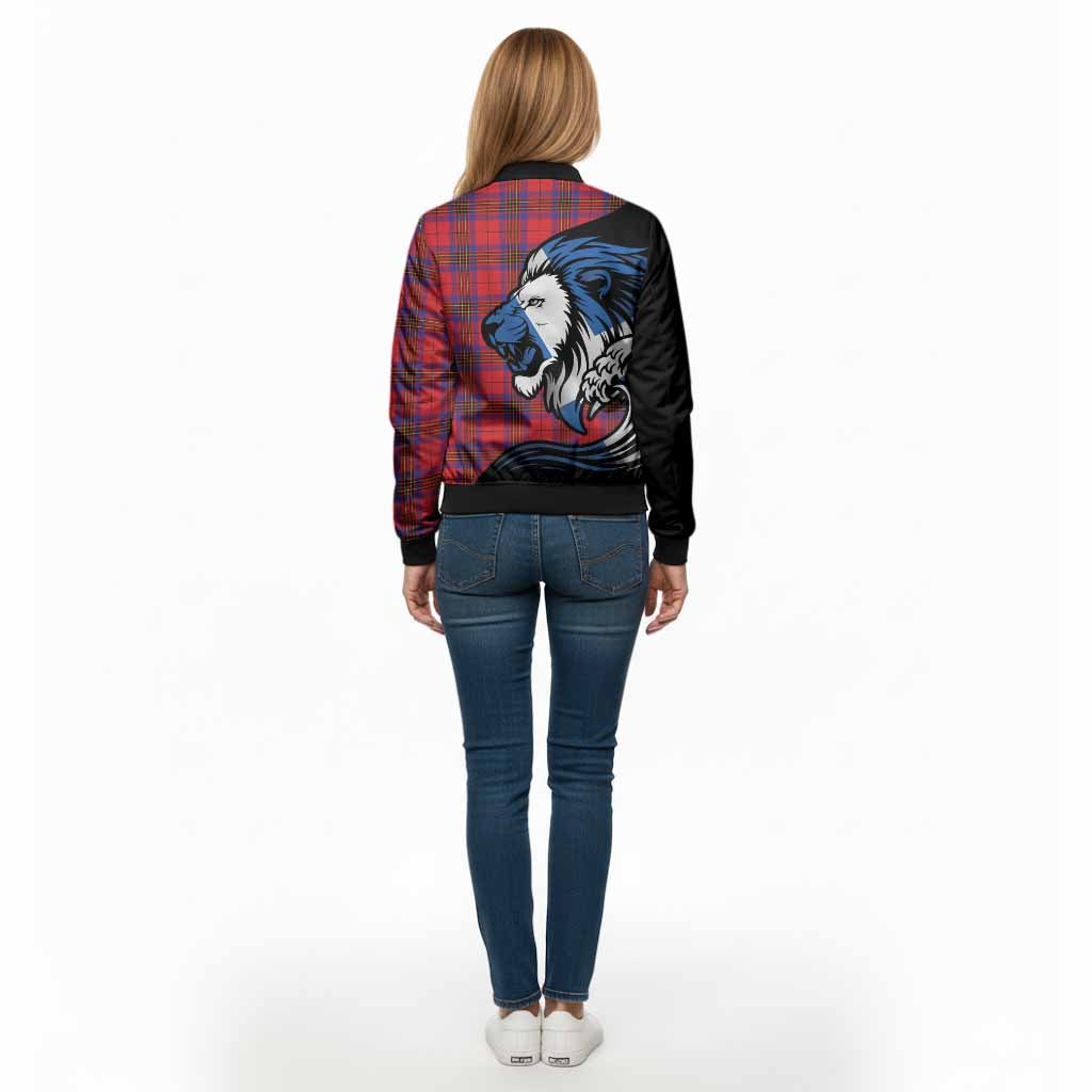 Leslie Tartan Crest Bomber Jacket Scottish Golden Lions Wave Flow