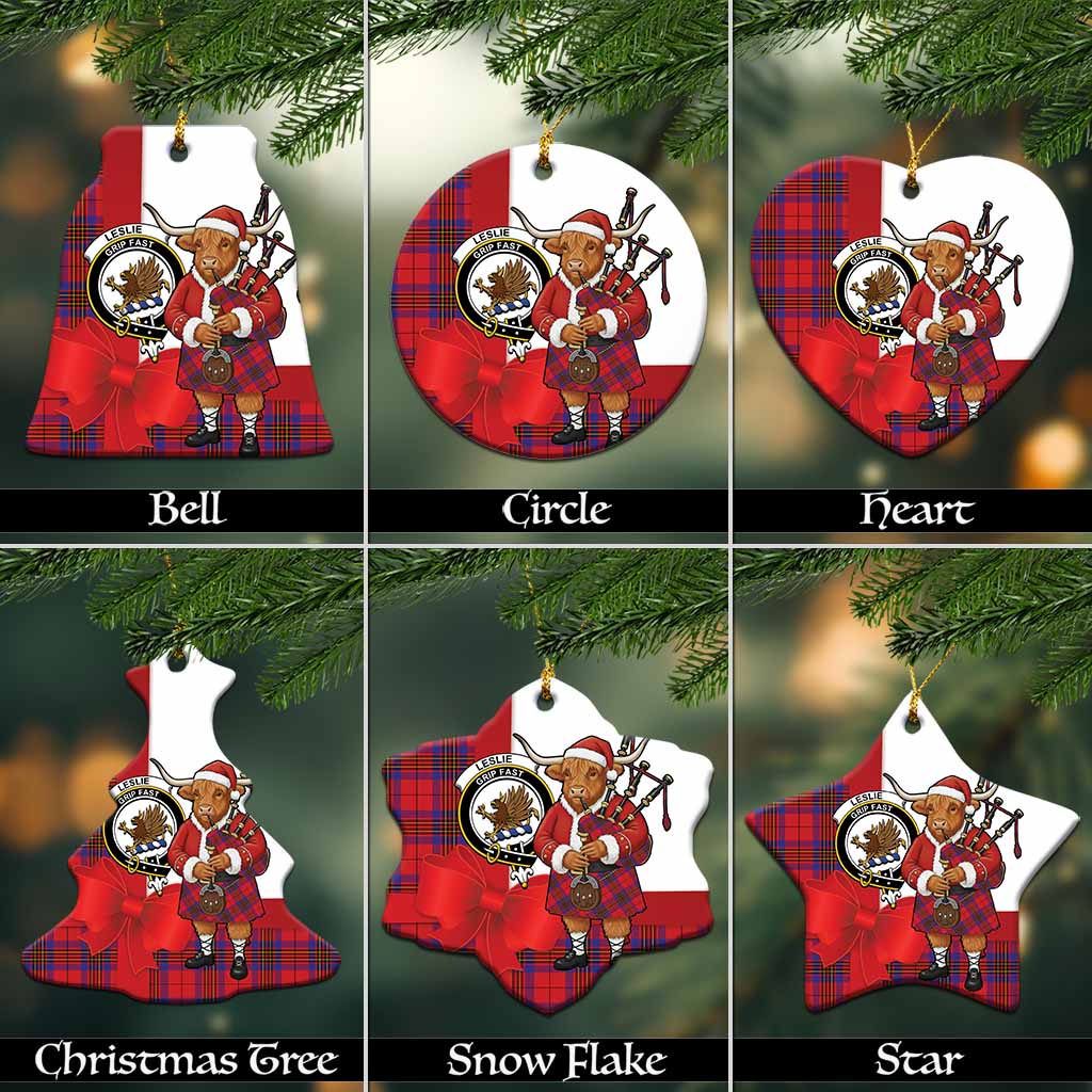 Leslie Tartan Crest Christmas Ceramic Ornament Highland Cow Bagpipes Coquette Bow Style