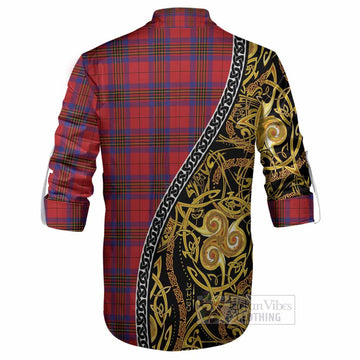 Leslie Tartan Crest Ghillie Shirt Celtic Knot and Triple Trickle Spiral Symbols