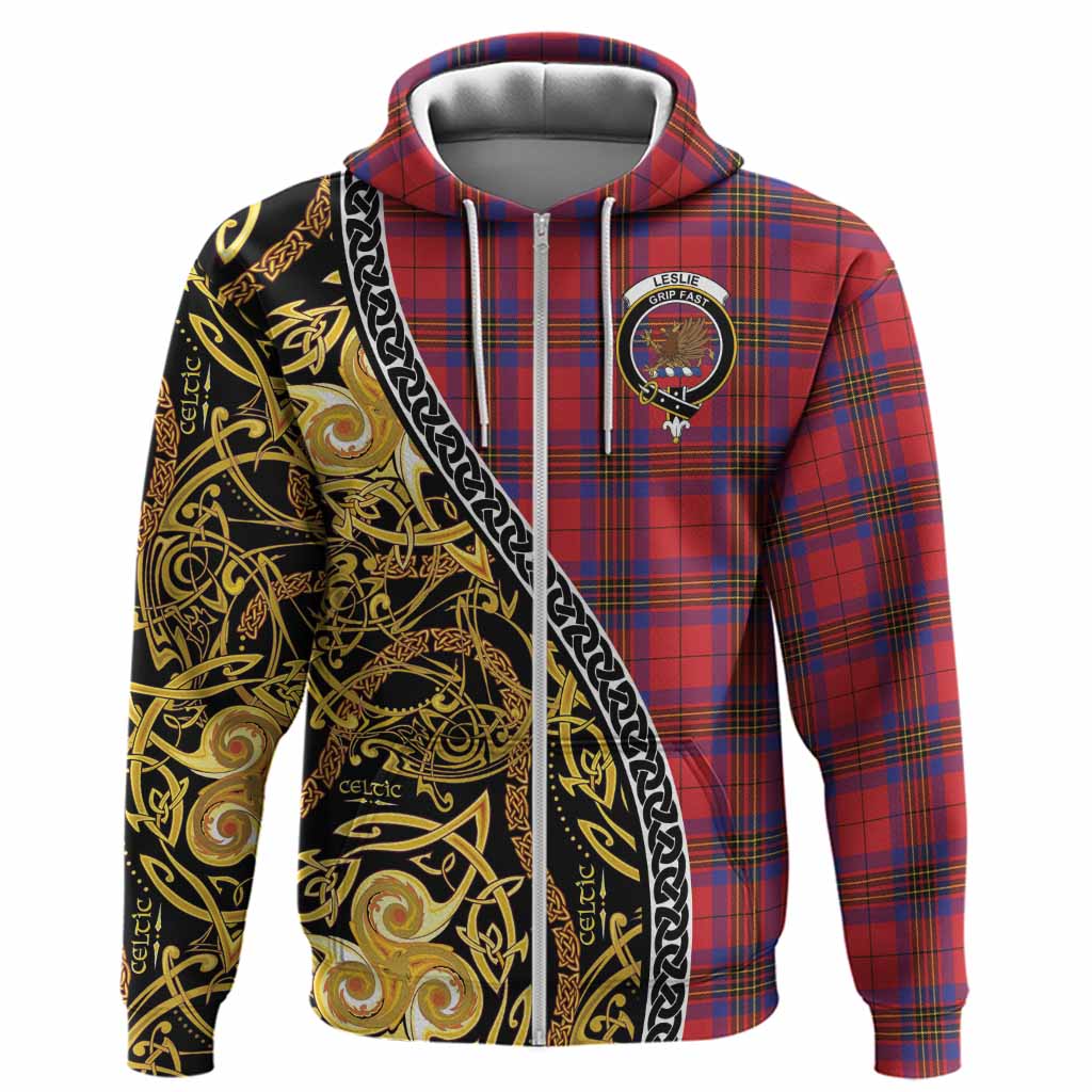 Leslie Tartan Crest Hoodie Celtic Knot and Triple Trickle Spiral Symbols