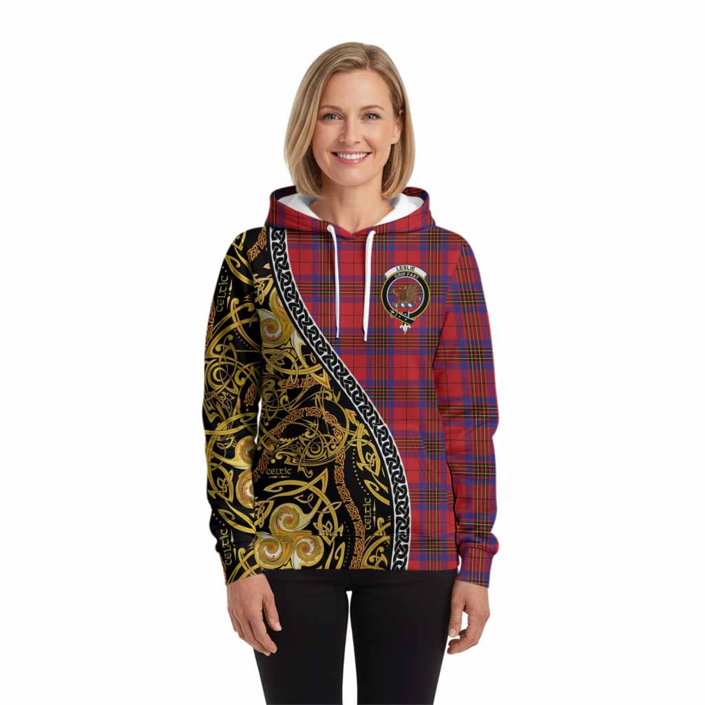 Leslie Tartan Crest Hoodie Celtic Knot and Triple Trickle Spiral Symbols