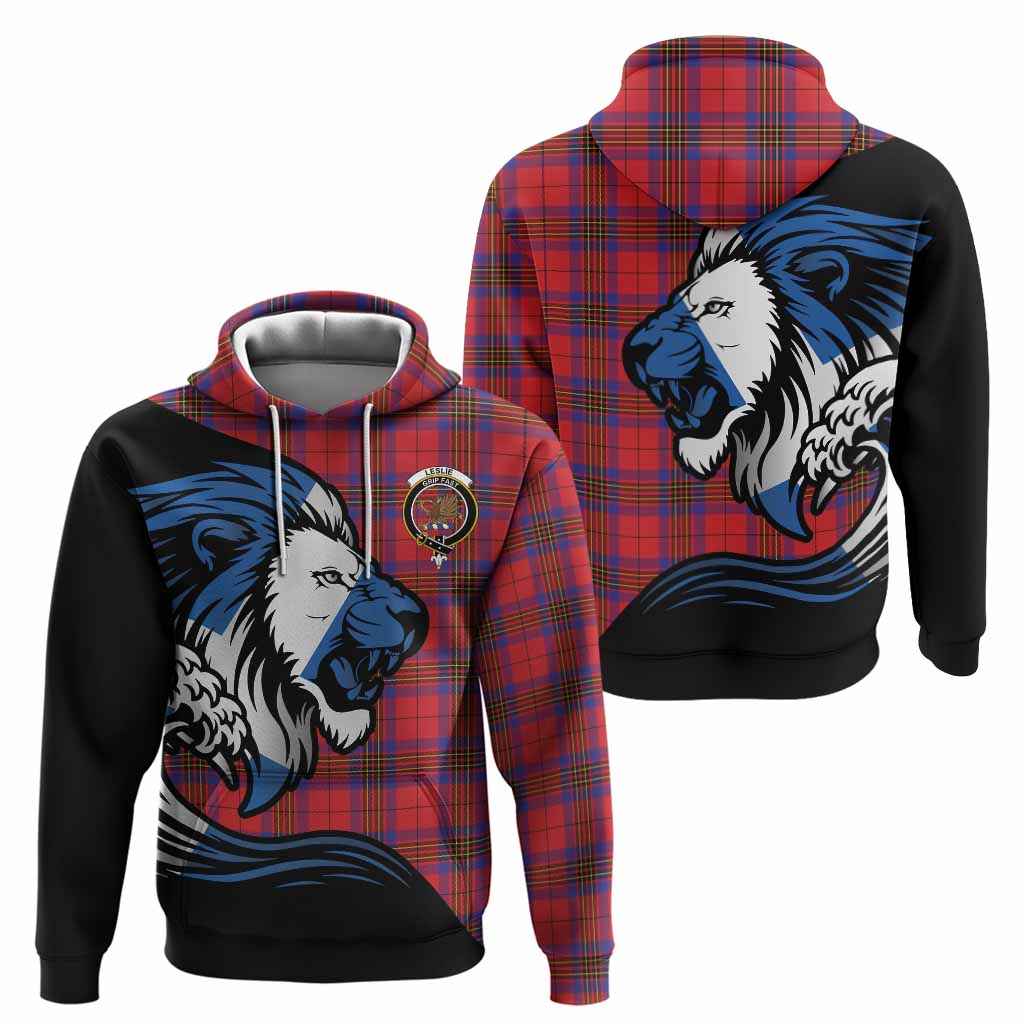 Leslie Tartan Crest Hoodie Scottish Golden Lions Wave Flow