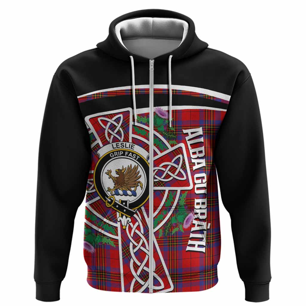 Leslie Tartan Crest Hoodie Scottish Thistle Celtic Cross Alba Gu Brath