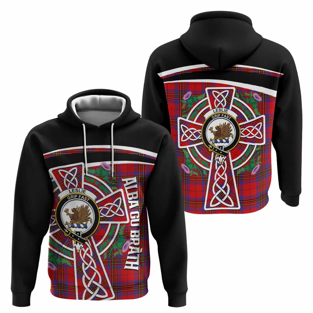 Leslie Tartan Crest Hoodie Scottish Thistle Celtic Cross Alba Gu Brath