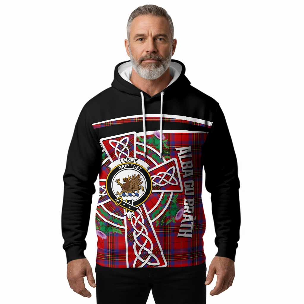 Leslie Tartan Crest Hoodie Scottish Thistle Celtic Cross Alba Gu Brath