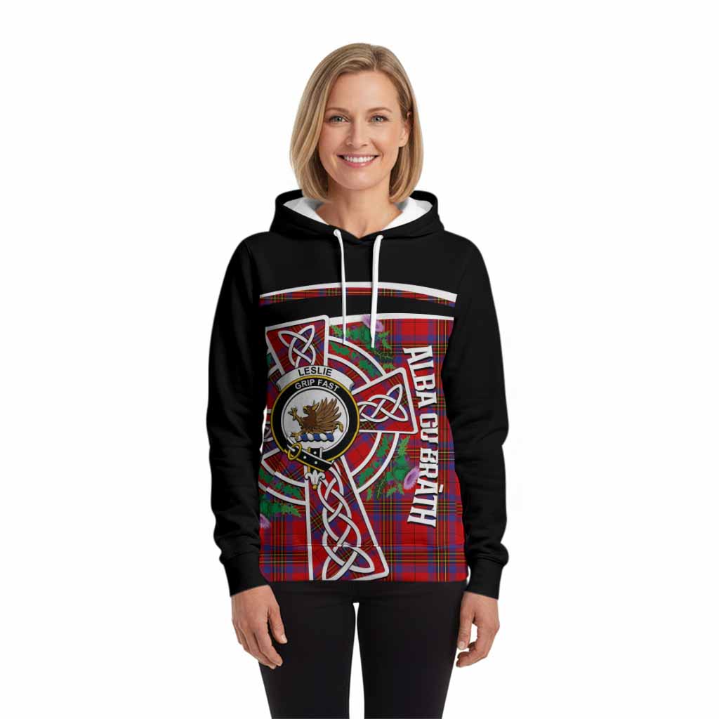 Leslie Tartan Crest Hoodie Scottish Thistle Celtic Cross Alba Gu Brath
