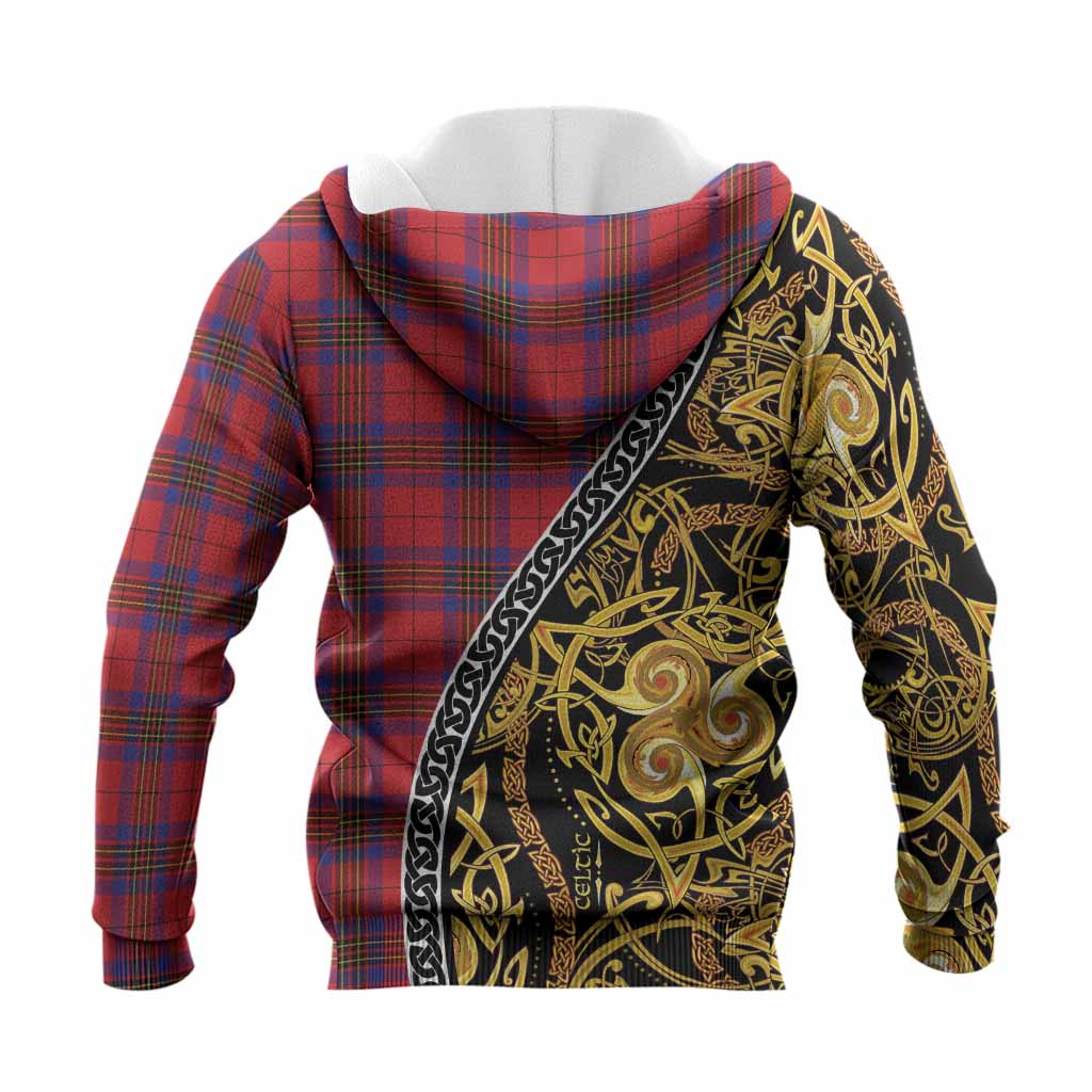 Leslie Tartan Crest Knitted Hoodie Celtic Knot and Triple Trickle Spiral Symbols