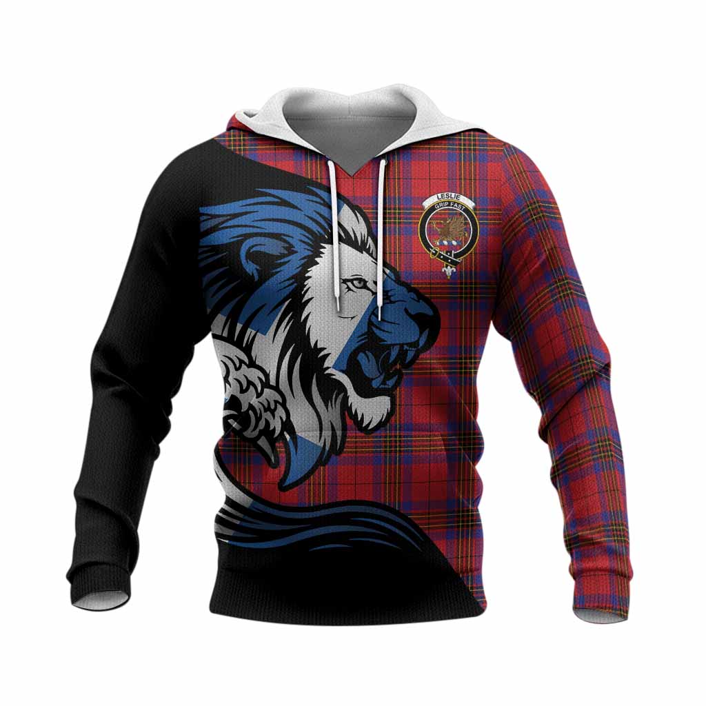 Leslie Tartan Crest Knitted Hoodie Scottish Golden Lions Wave Flow