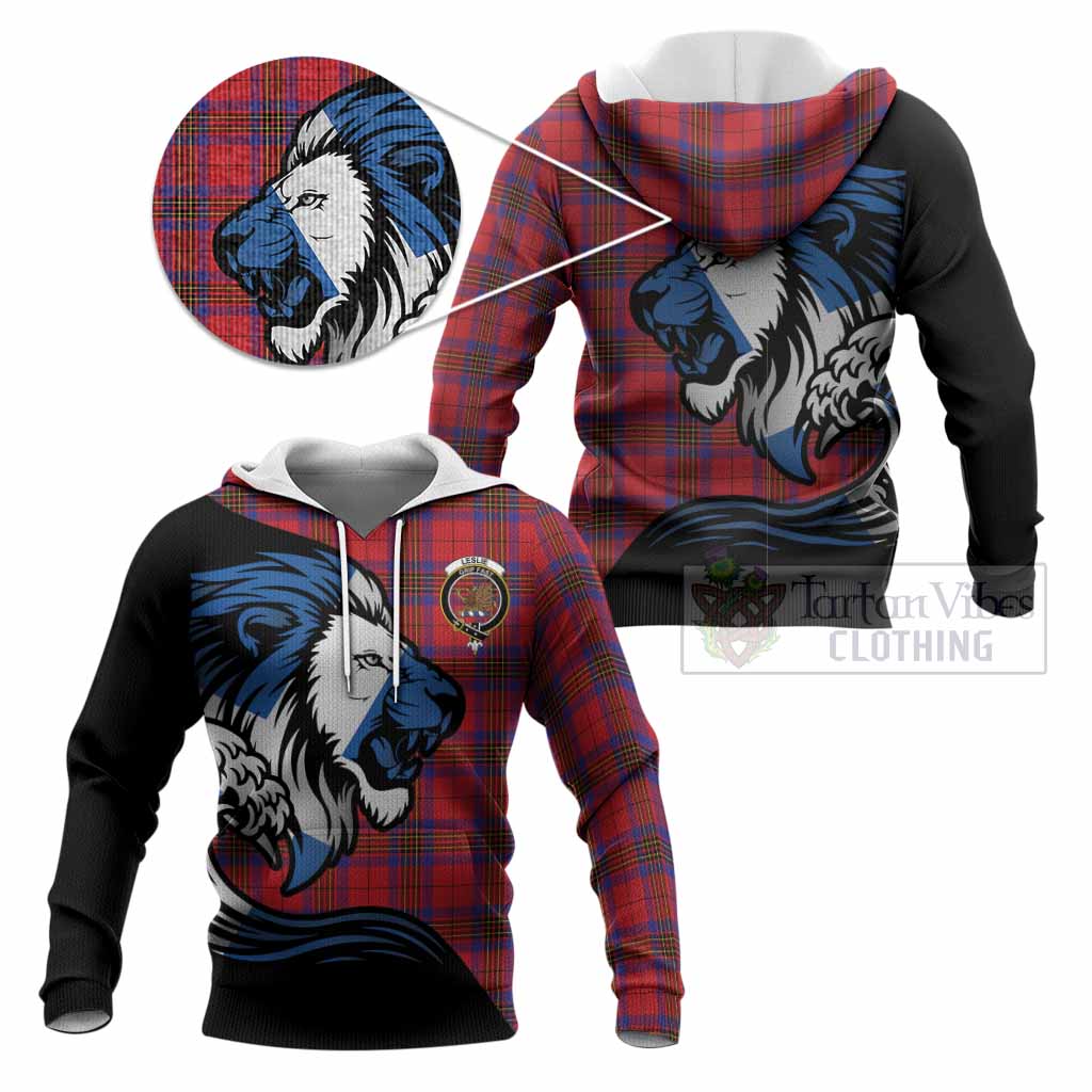 Leslie Tartan Crest Knitted Hoodie Scottish Golden Lions Wave Flow