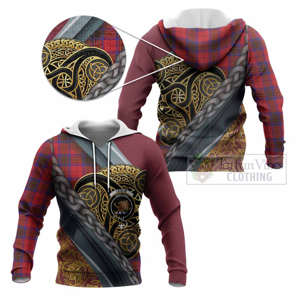 Leslie Tartan Crest Knitted Hoodie Scottish Triskele Celtic