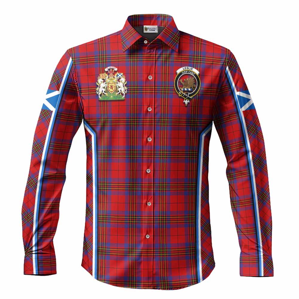Leslie Tartan Crest Long Sleeve Button Shirts Scotland Coat of Arm Flag Style - Tartan Vibes Clothing