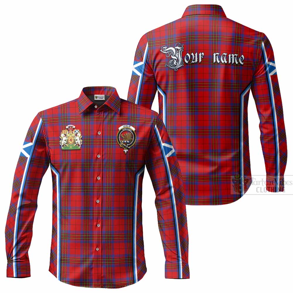 Leslie Tartan Crest Long Sleeve Button Shirts Scotland Coat of Arm Flag Style - Tartan Vibes Clothing