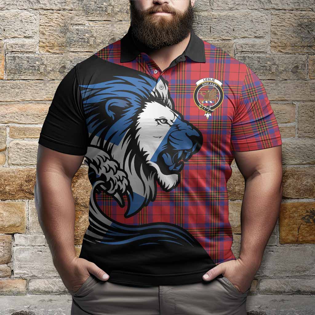 Leslie Tartan Crest Polo Shirt Scottish Golden Lions Wave Flow