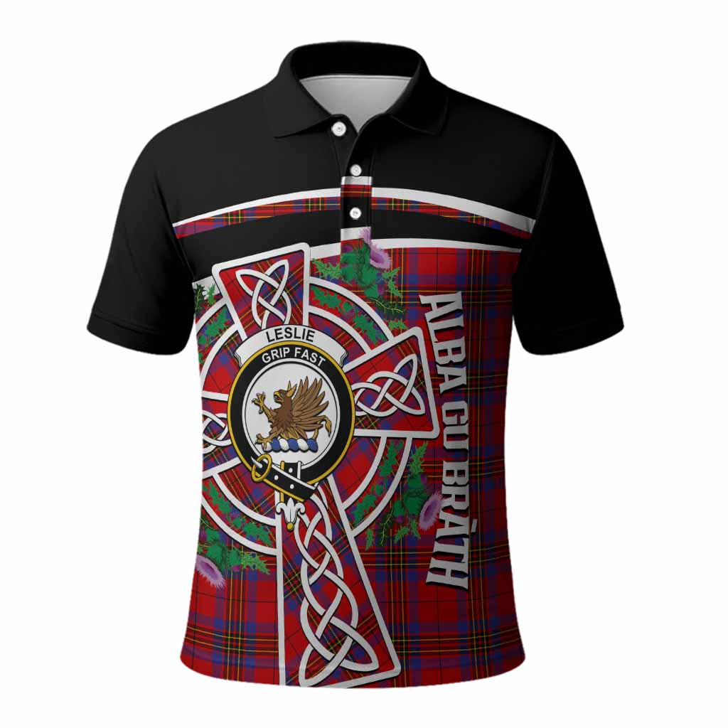 Leslie Tartan Crest Polo Shirt Scottish Thistle Celtic Cross Alba Gu Brath