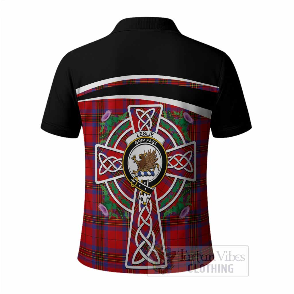 Leslie Tartan Crest Polo Shirt Scottish Thistle Celtic Cross Alba Gu Brath