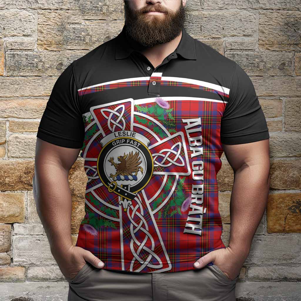 Leslie Tartan Crest Polo Shirt Scottish Thistle Celtic Cross Alba Gu Brath
