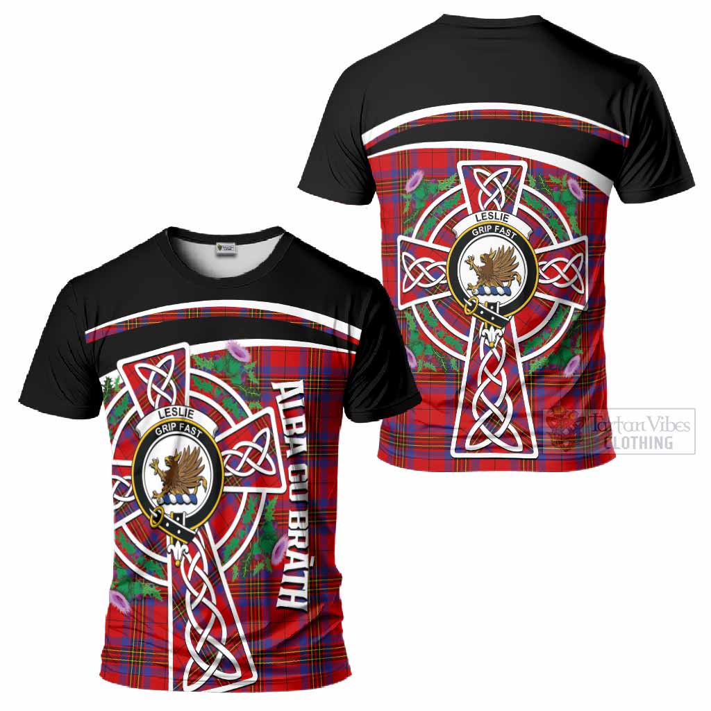 Leslie Tartan Crest T-Shirt Scottish Thistle Celtic Cross Alba Gu Brath