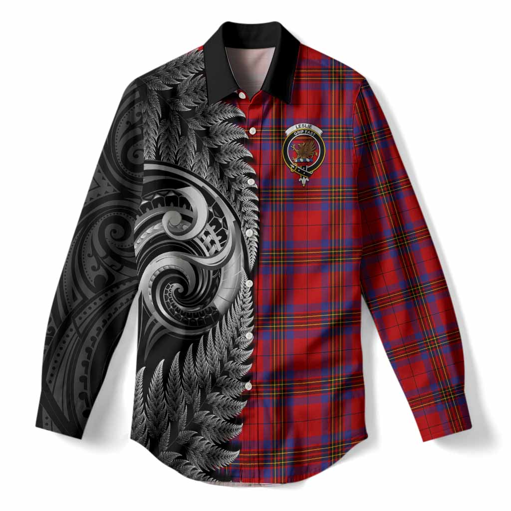Leslie Tartan Crest Women Casual Shirt With New Zealand Silver Fern Maori Koru