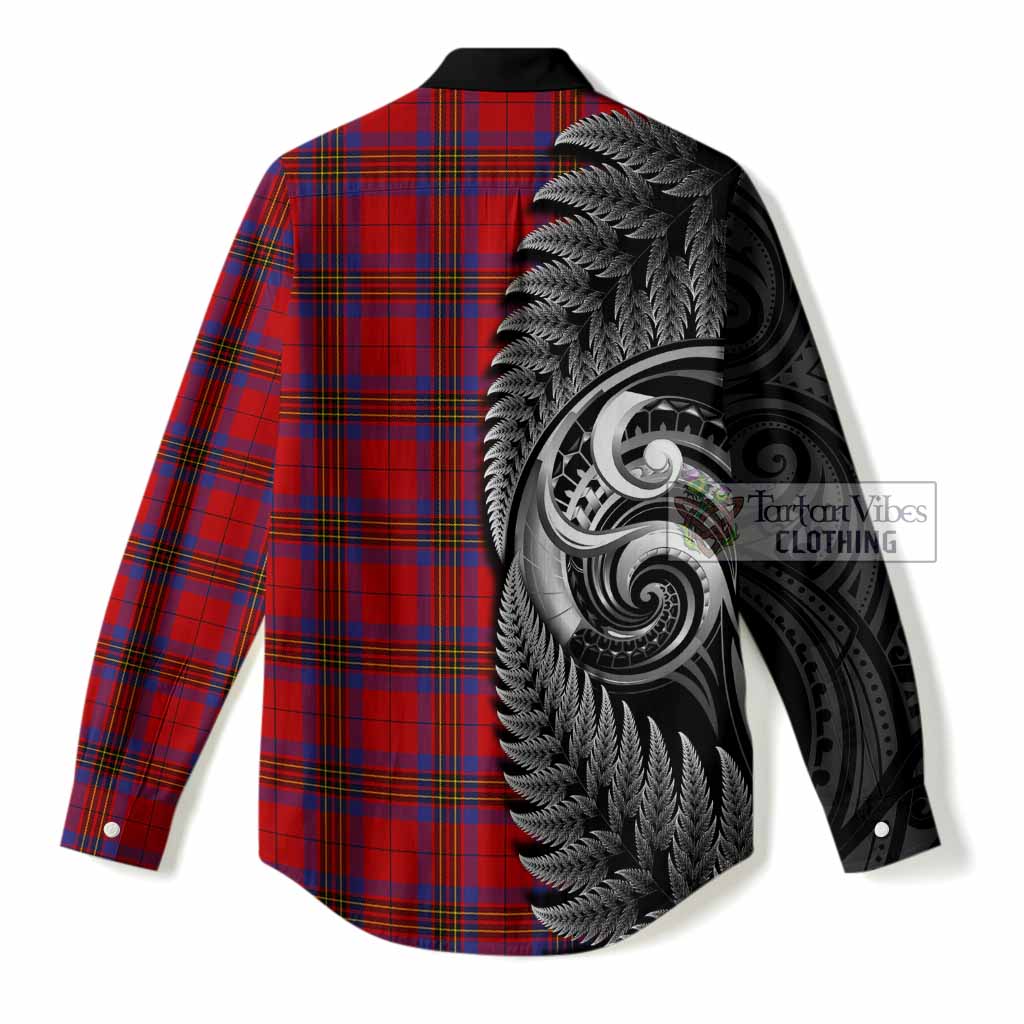 Leslie Tartan Crest Women Casual Shirt With New Zealand Silver Fern Maori Koru