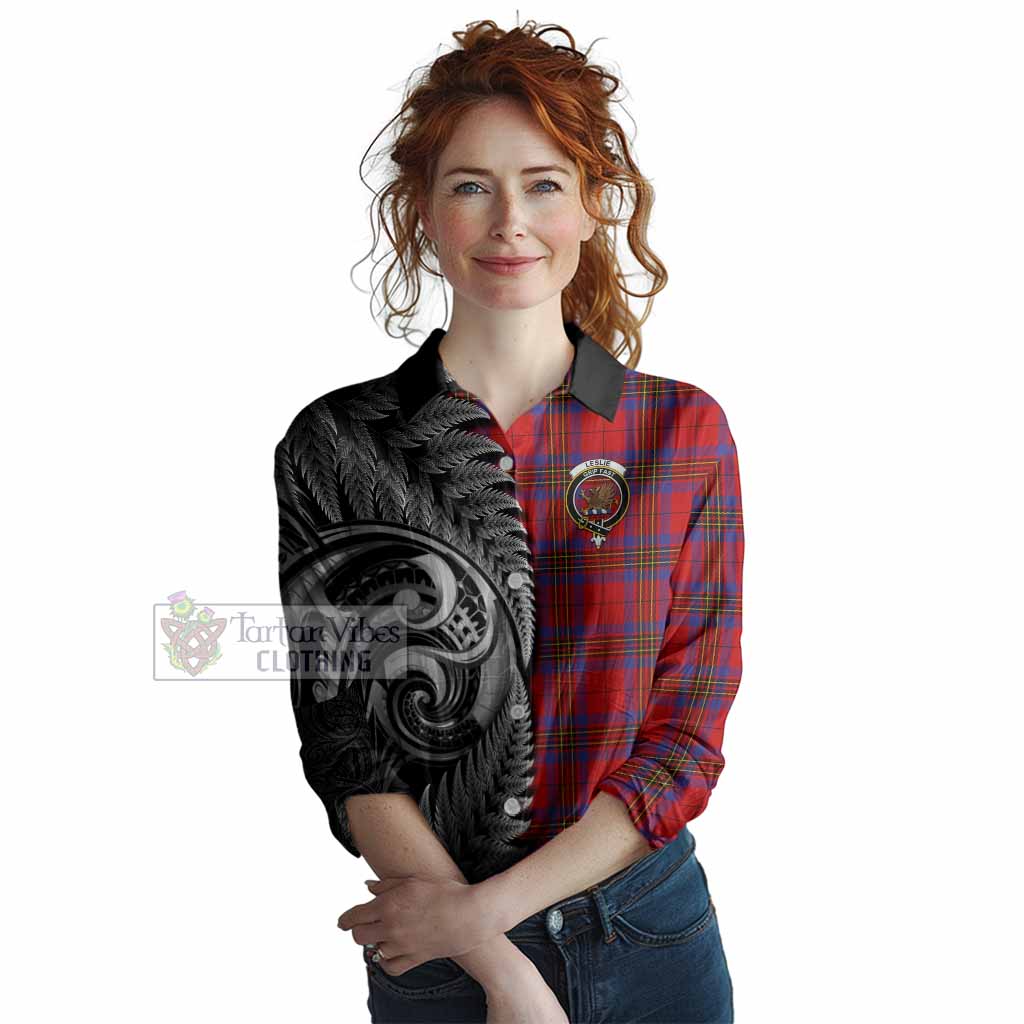 Leslie Tartan Crest Women Casual Shirt With New Zealand Silver Fern Maori Koru