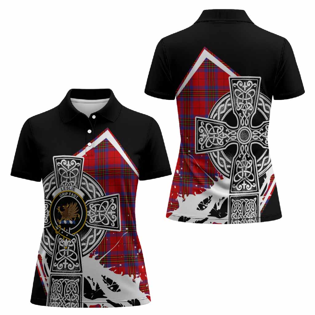 Leslie Tartan Crest Women Polo Shirt Scottish Celtic Cross Heritage