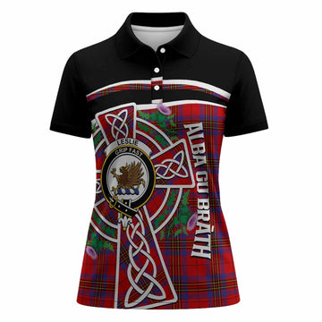 Leslie Tartan Crest Women Polo Shirt Scottish Thistle Celtic Cross Alba Gu Brath