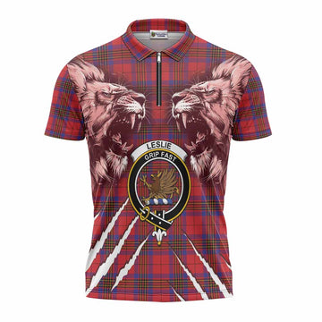 Leslie Tartan Crest Zipper Polo Shirt Ferocious Lion Style