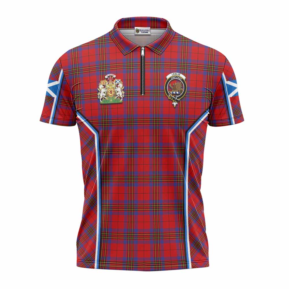 Leslie Tartan Crest Zipper Polo Shirt Scotland Coat of Arm Flag Style - Tartan Vibes Clothing
