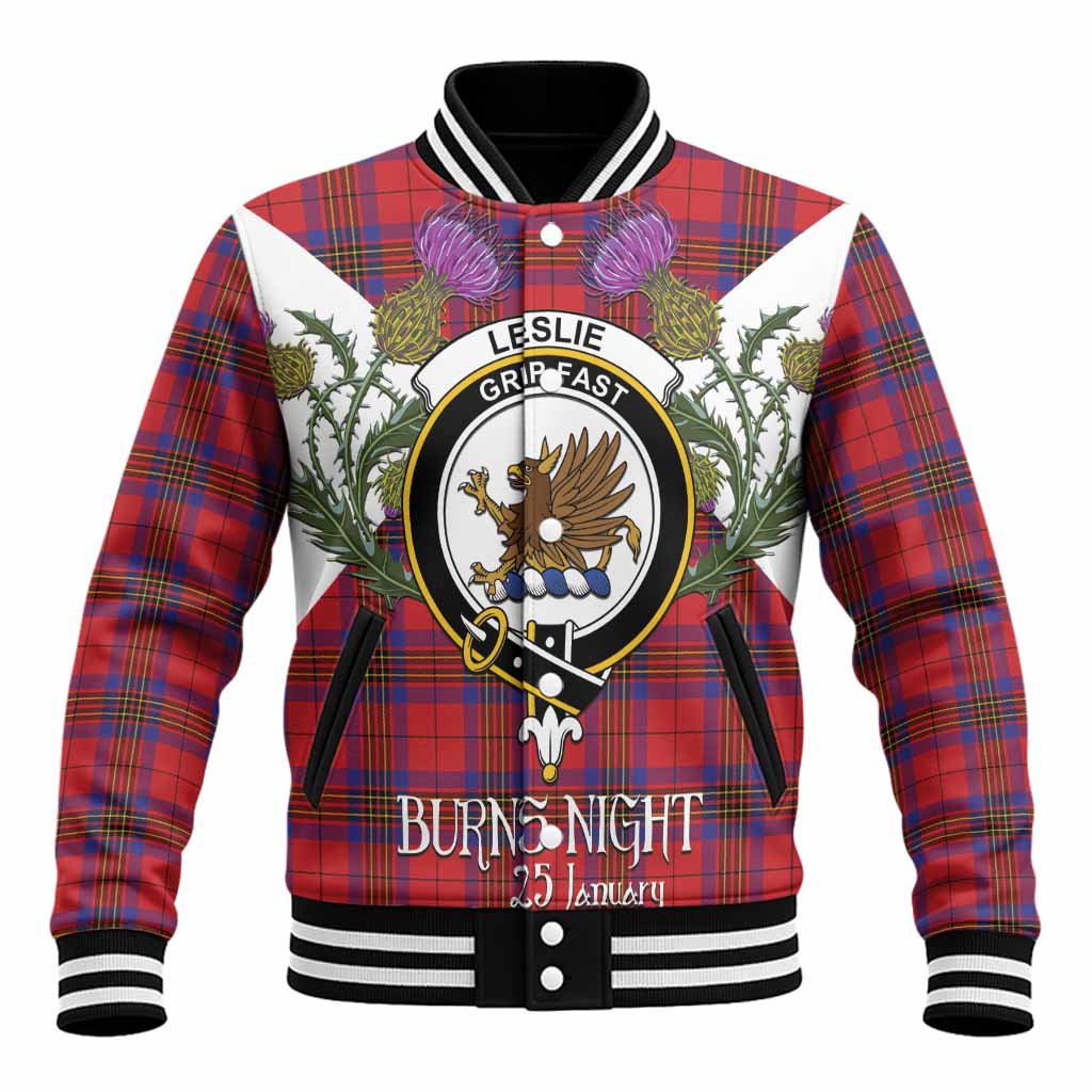 Leslie Tartan Family Crest Baseball Jacket Scottish Burns Night Thistle Floral