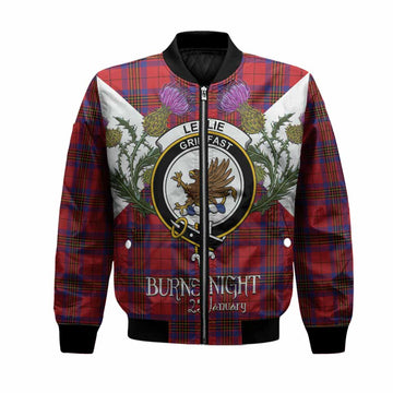 Leslie Tartan Family Crest Bomber Jacket Scottish Burns Night Thistle Floral