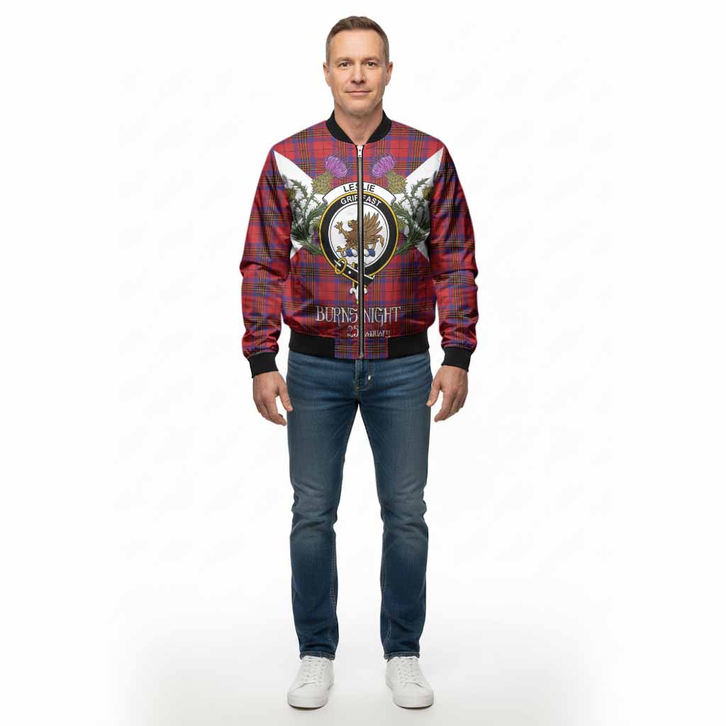 Leslie Tartan Family Crest Bomber Jacket Scottish Burns Night Thistle Floral
