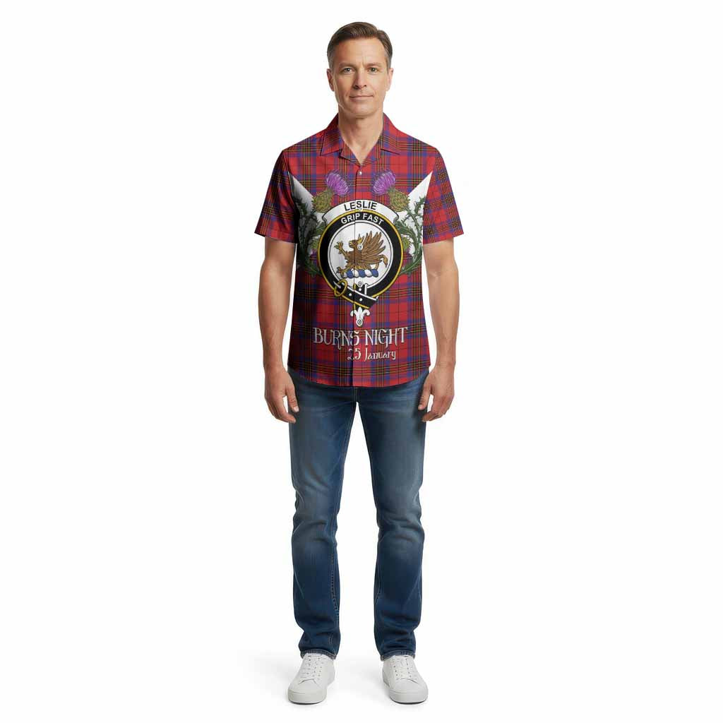 Leslie Tartan Family Crest Cotton Hawaiian Shirt Scottish Burns Night Thistle Floral