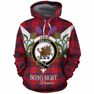 Leslie Tartan Family Crest Cotton Hoodie Scottish Burns Night Thistle Floral