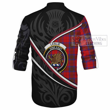 Leslie Tartan Family Crest Ghillie Kilt Shirt Celtic Scottish Thistle Floral