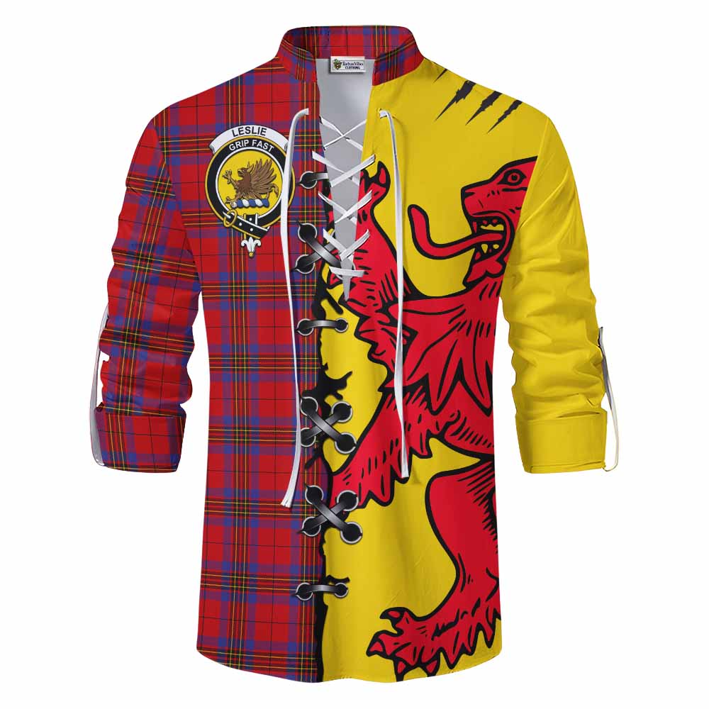 Leslie Tartan Family Crest Ghillie Kilt Shirt Lion Rampant Honor - Tartan Vibes Clothing
