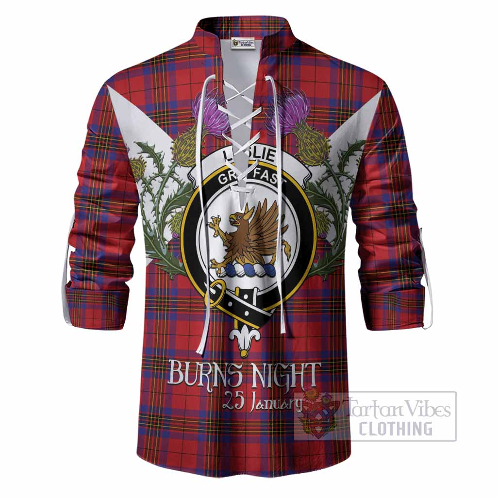 Leslie Tartan Family Crest Ghillie Shirt Scottish Burns Night Thistle Floral