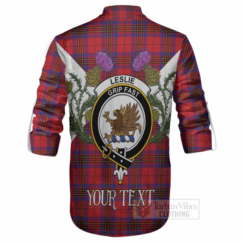 Leslie Tartan Family Crest Ghillie Shirt Scottish Burns Night Thistle Floral