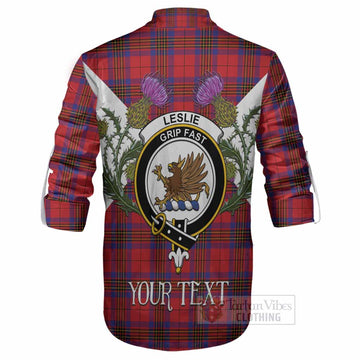 Leslie Tartan Family Crest Ghillie Shirt Scottish Burns Night Thistle Floral