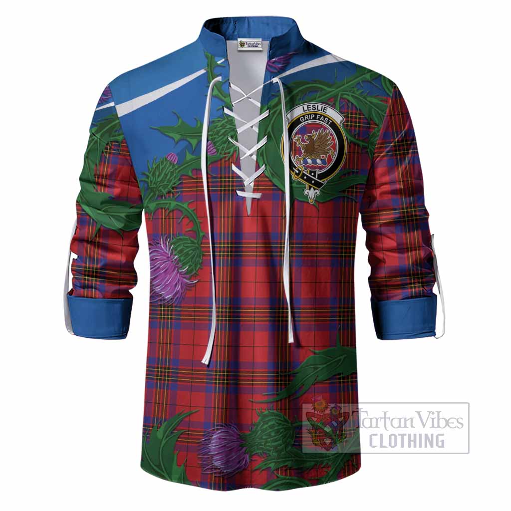 Leslie Tartan Family Crest Ghillie Shirt Thistle in Minimalism