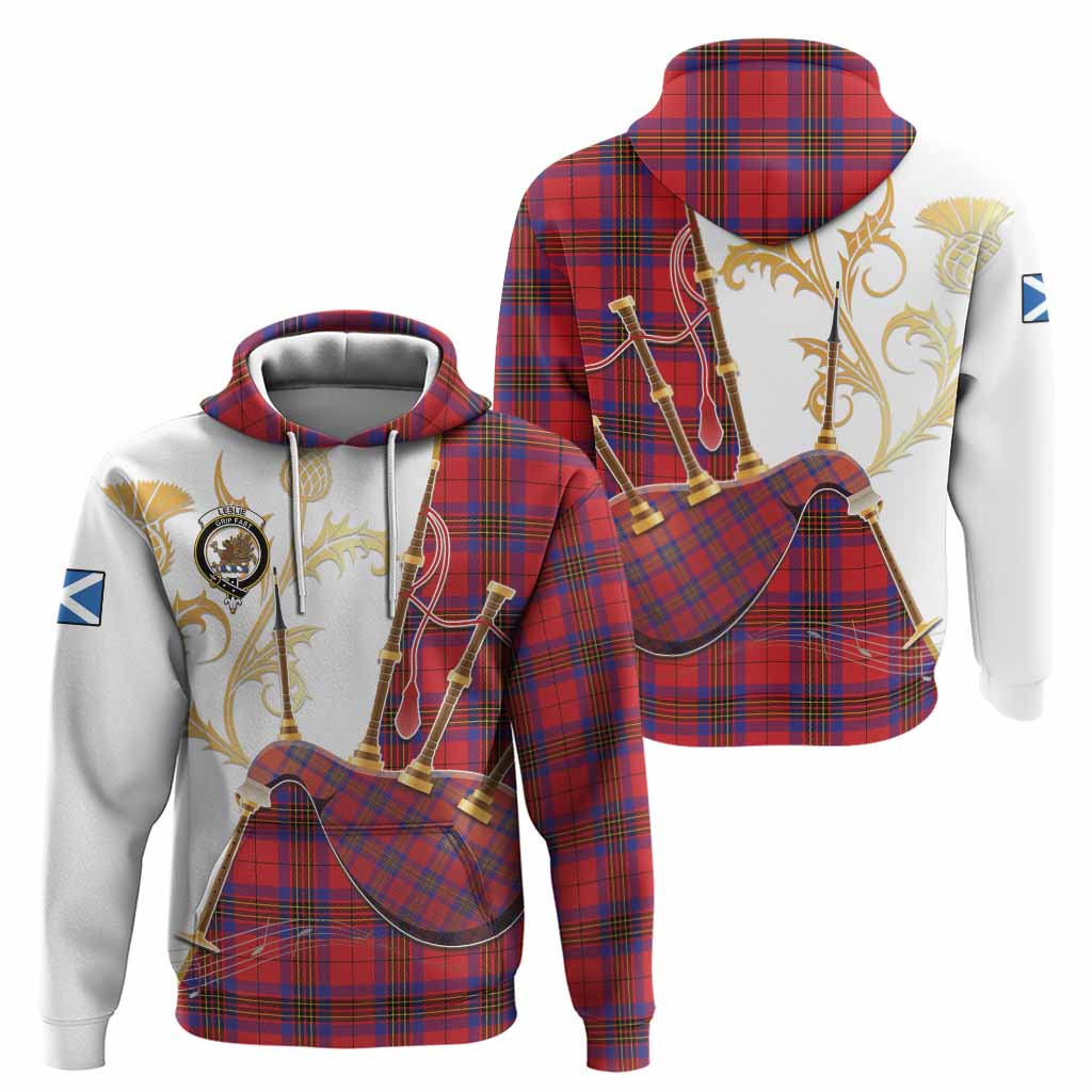 Leslie Tartan Family Crest Hoodie Bagpipes with Scottish Thistle